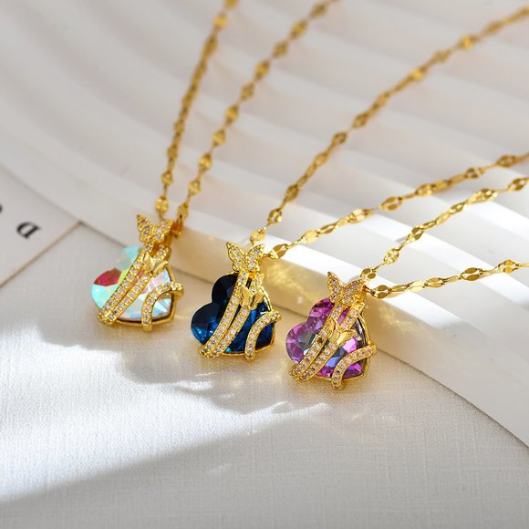 3/$35 18K Gold Plated Pendant Necklace Heart Butterfly Purple Cubic Zirconia - Picture 5 of 7